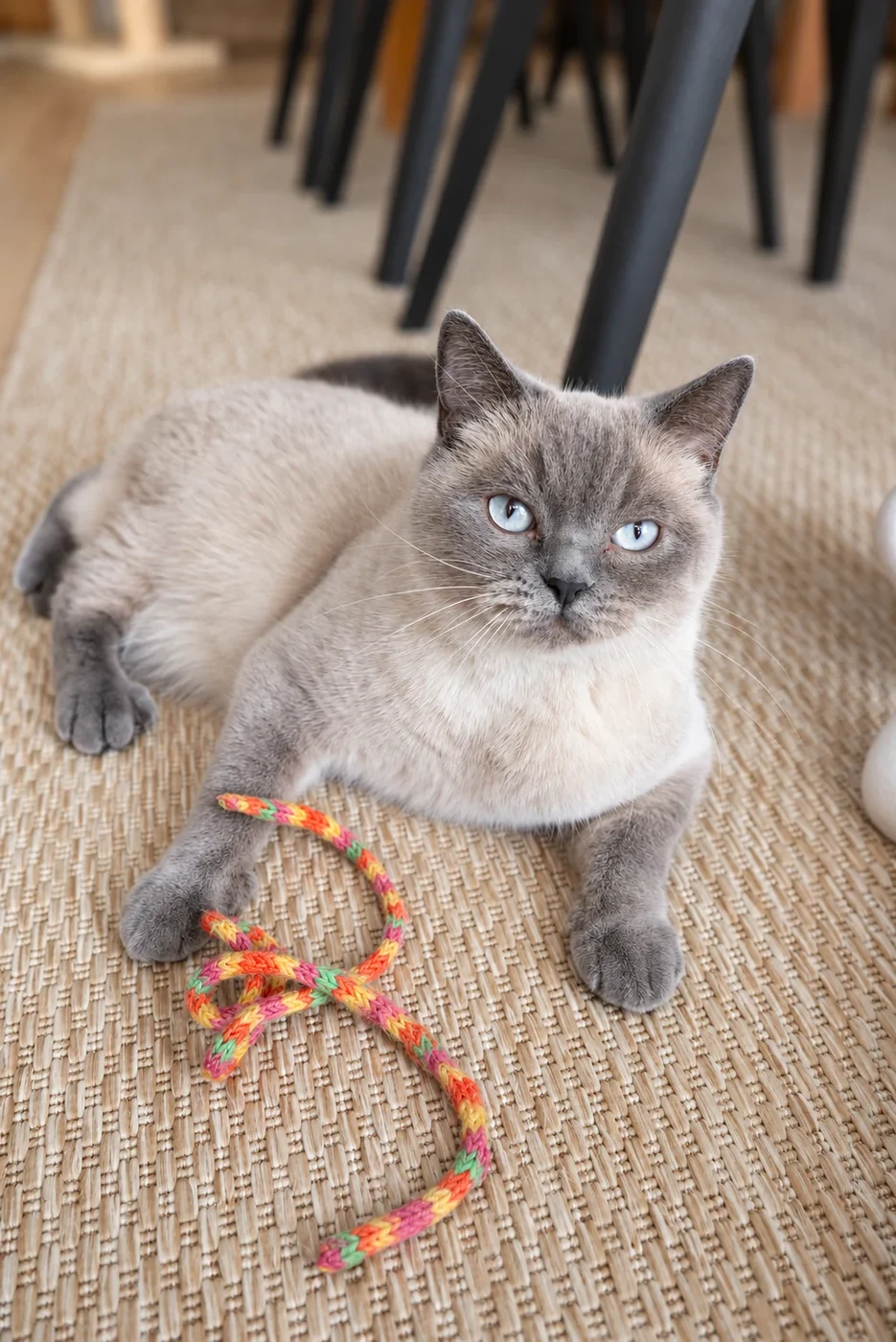 Merle liegt entspannt mit einem bunten Spielband im Wohnzimmer